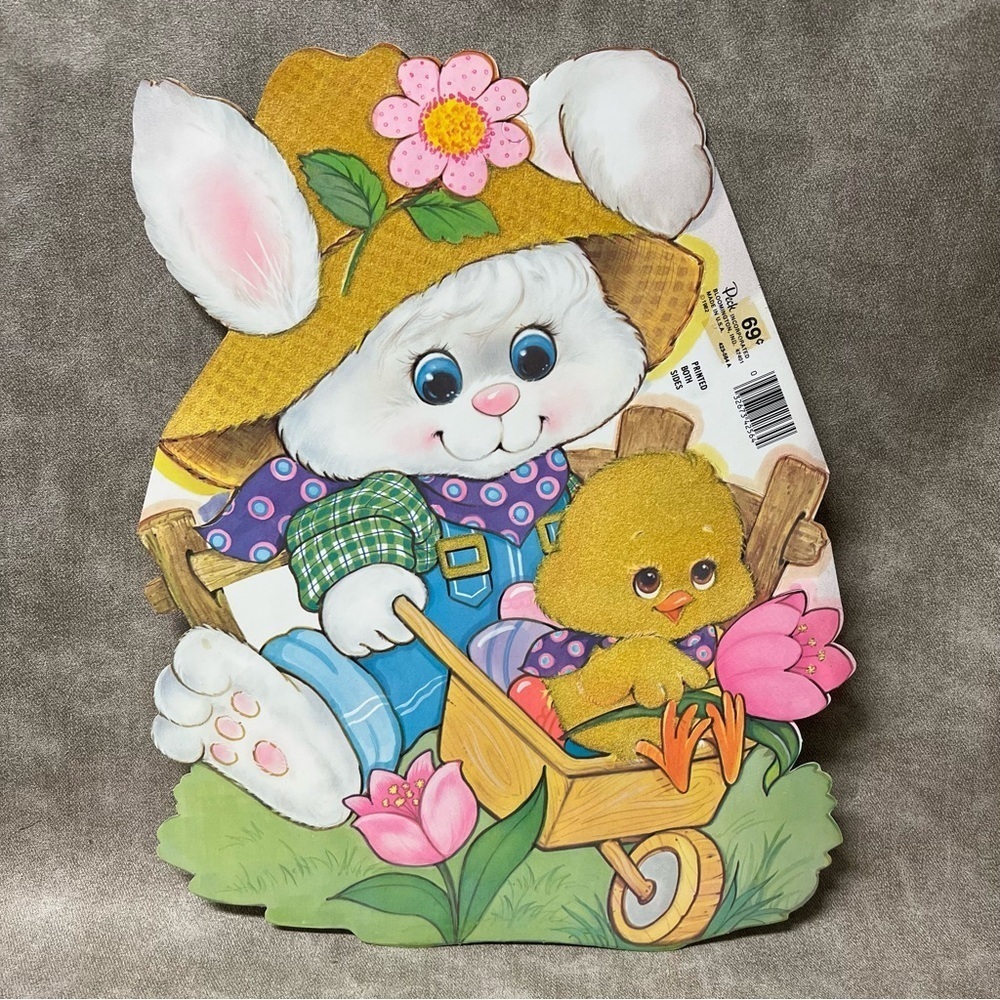 Vtg. 1982 Little Bunny &  Duck w Flowers Cut-Out (Double sided)